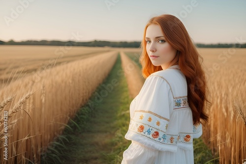 A girl with red hair walks along the road in a wheat field, looks over her shoulder. Generative AI.