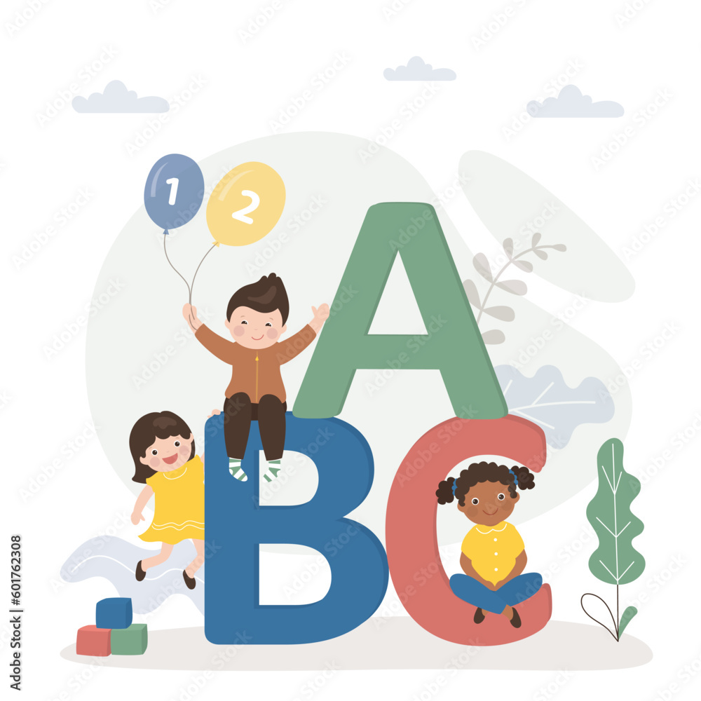 Multiethnic children sit on buig letters. Cute students learning, back to school. Preschoolers learn letters, numbers and alphabet Elementary education, kindergarten education.