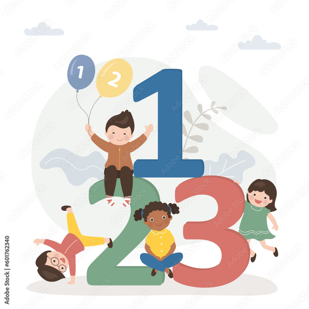 Multiethnic children sit on big numbers. Cute students learning, back to school. Preschoolers learn math, numbers and algebra. Elementary studing, kindergarten education.