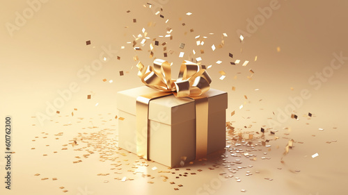 festive surprise gift box golden with a bow on a pastel beige background with serpentine and confetti.Generative AI