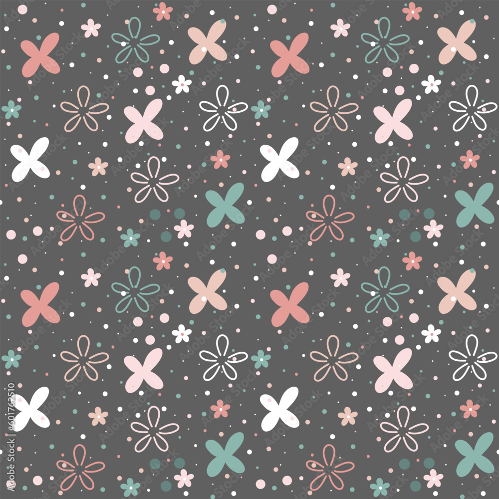 Seamless pattern. Hand-drawn flowers and butterflies in the style of a doodle on a dark background. Summer floral background. Scandinavian style for children. Seamless pattern. Hand-drawn flowers and butterflies in the style of a doodle on a dark background. Summer floral background. Scandinavian style for children.