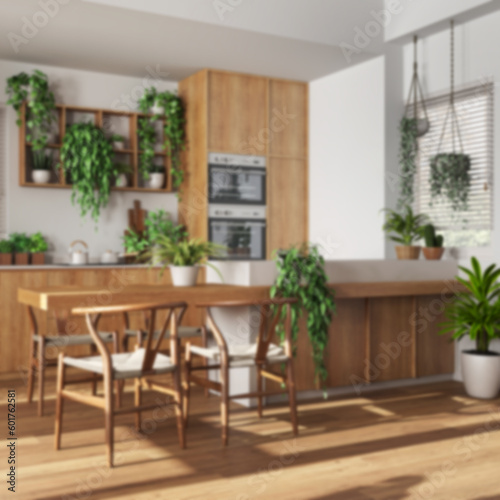 Blurred background  wooden kitchen with island and chairs. Cabinets with appliances. Love for plant concept. Modern urban jungle interior design