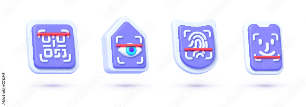3d scan set for web design. Face id, Finger scan, Eye scan, Qr code scan. Data technology. 3d vector illustration 3d scan set for web design. Face id, Finger scan, Eye scan, Qr code scan. Data technology. 3d vector illustration