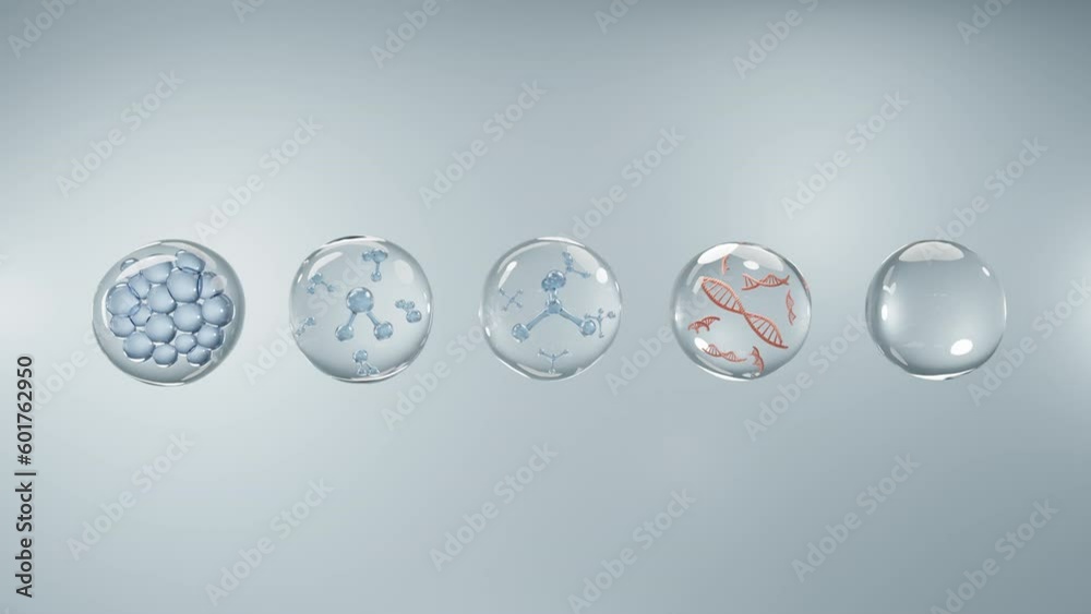 molecule and dna inside bubble on blue background, concept skin care cosmetics solution. 3d rendering.