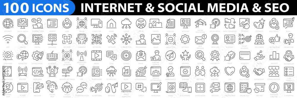 Internet & Social media & SEO & WEB 100 icon set. Website icon for contact icons. Account, user, computer, social media, seo, web, internet, website and more. Vector illustration