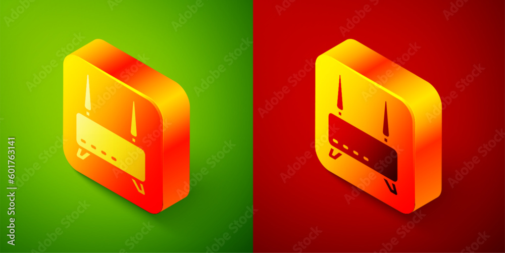 Isometric Router and wi-fi signal icon isolated on green and red background. Wireless ethernet modem router. Computer technology internet. Square button. Vector Isometric Router and wi-fi signal icon isolated on green and red background. Wireless ethernet modem router. Computer technology internet. Square button. Vector