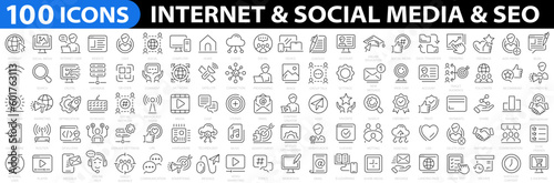 Internet & Social media & SEO & WEB 100 icon set. Website icon for contact icons. Account, user, computer, social media, seo, web, internet, website and more. Vector illustration