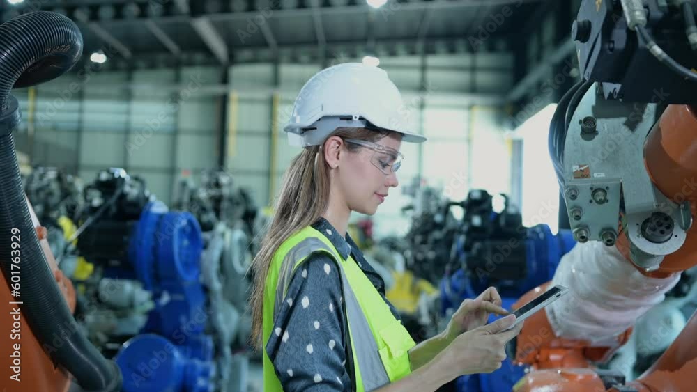 A female engineer installs a program on a robotics arm in a robot warehouse. And test the operation before sending the machine to the customer. A female engineer installs a program on a robotics arm in a robot warehouse. And test the operation before sending the machine to the customer.