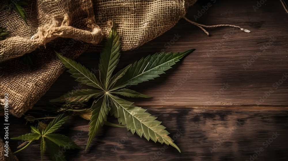 Obraz premium Cannabis hemp leaves on a wooden table generative ai