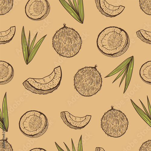 coconut hand drawn seamless pattern in vintage style