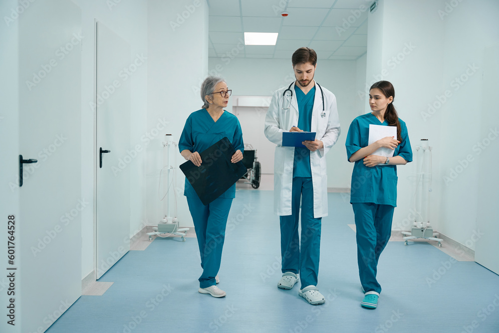 Fototapeta premium Three doctors are walking along the corridor of diagnostic department