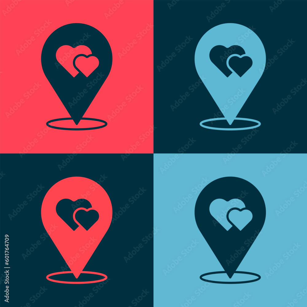 Pop art Map pointer with heart icon isolated on color background. Valentines day. Love location. Romantic map pin. Vector Pop art Map pointer with heart icon isolated on color background. Valentines day. Love location. Romantic map pin. Vector