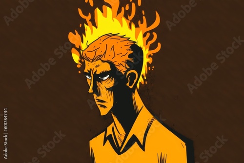 Sad man with burning head. Head fire due to stress. Head in flames of fire. Burnout at work concept. Generative AI