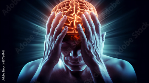 Foto Human Brain Neurology Burning Head and Stress, Headace, Migraines with Strong Em