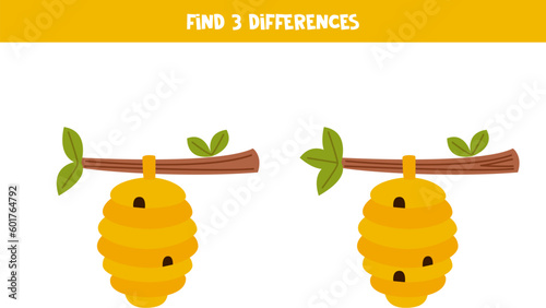 Find 3 differences between two cute cartoon beehives.