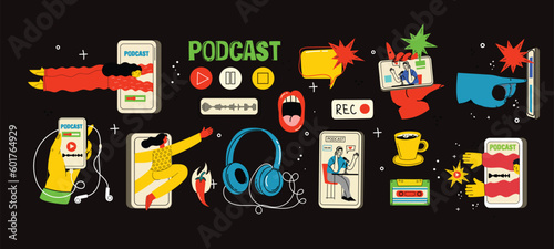 Concept of watching video online, podcast, talk show, tv application, live streaming. Hand holding smartphone with man with microphone on screen. Vector illustration in flat style