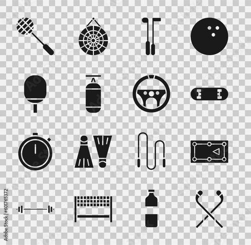 Set Ice hockey sticks, Billiard table, Skateboard trick, Golf club, Punching bag, Racket for playing tennis, Tennis racket and Steering wheel icon. Vector