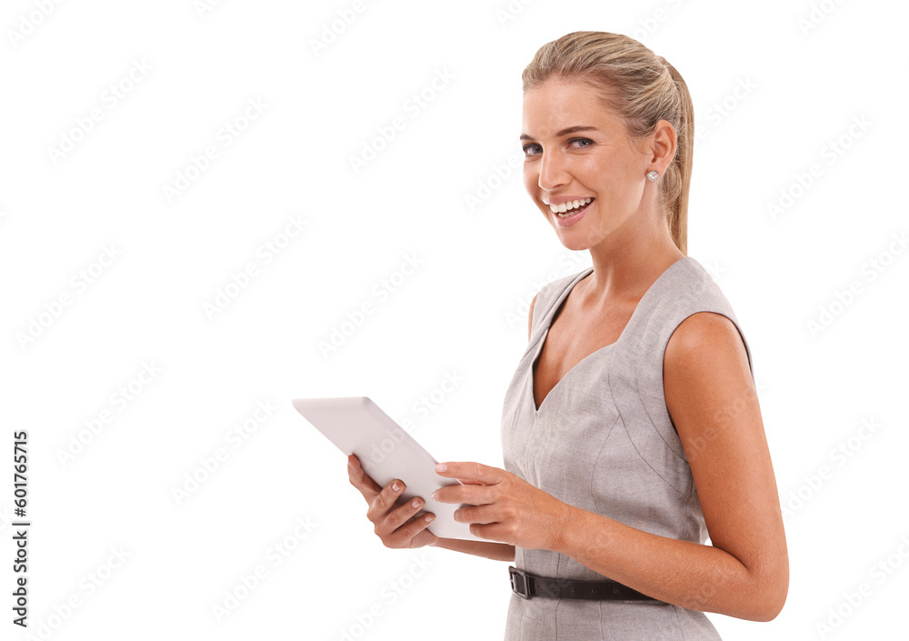 Professional, woman and tablet with portrait for isolated and transparent for career for marketing in network. Business, female model and research on digital screen for proposal and png background. Professional, woman and tablet with portrait for isolated and transparent for career for marketing in network. Business, female model and research on digital screen for proposal and png background.