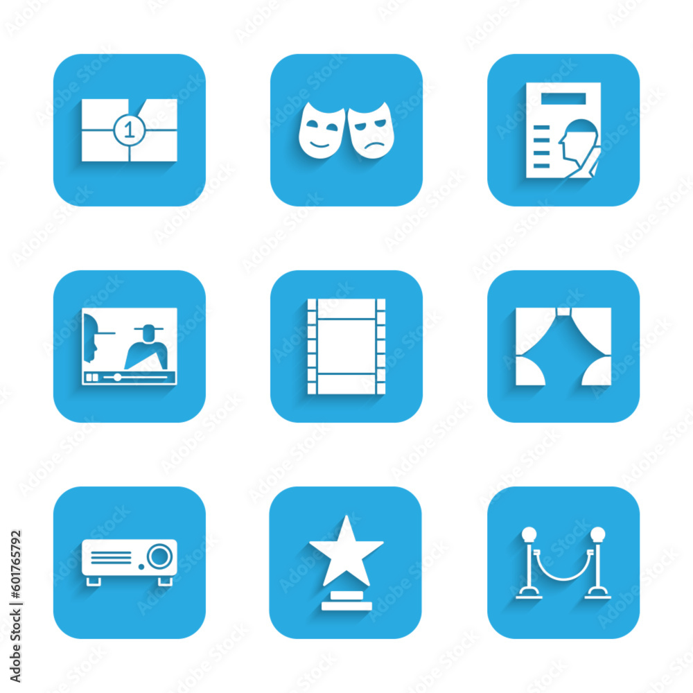 Set Play Video, Movie trophy, Rope barrier, Curtain, Movie, film, media projector, Online play video, Cinema poster and Old movie countdown frame icon. Vector