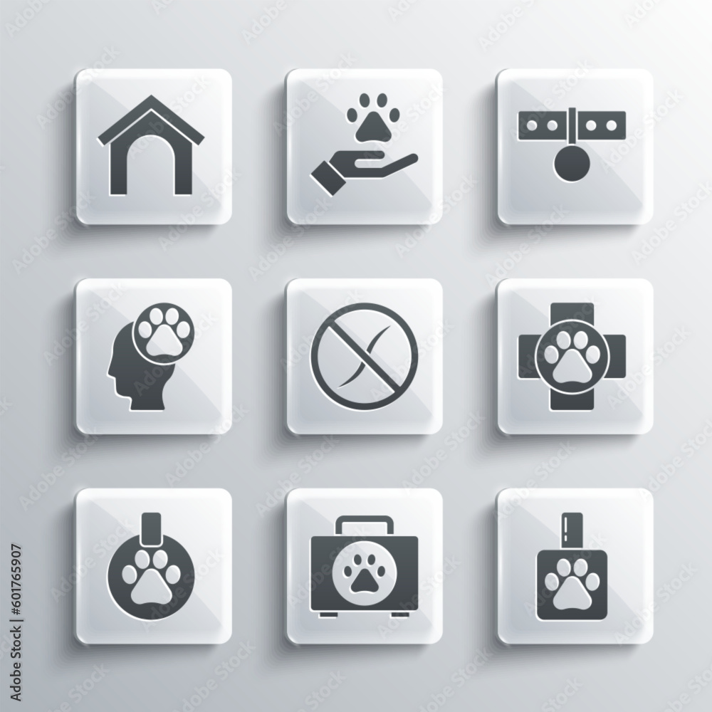 Set Pet first aid kit, shampoo, Veterinary clinic, Anti worms parasite, Collar with name tag, Human animals footprint, Dog house and icon. Vector