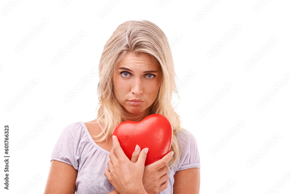 Portrait, heart and sad on valentines day with a woman isolated on a transparent background after a breakup. Emoji, depression or broken heart with a lonely young female person feeling unhappy on PNG Portrait, heart and sad on valentines day with a woman isolated on a transparent background after a breakup. Emoji, depression or broken heart with a lonely young female person feeling unhappy on PNG