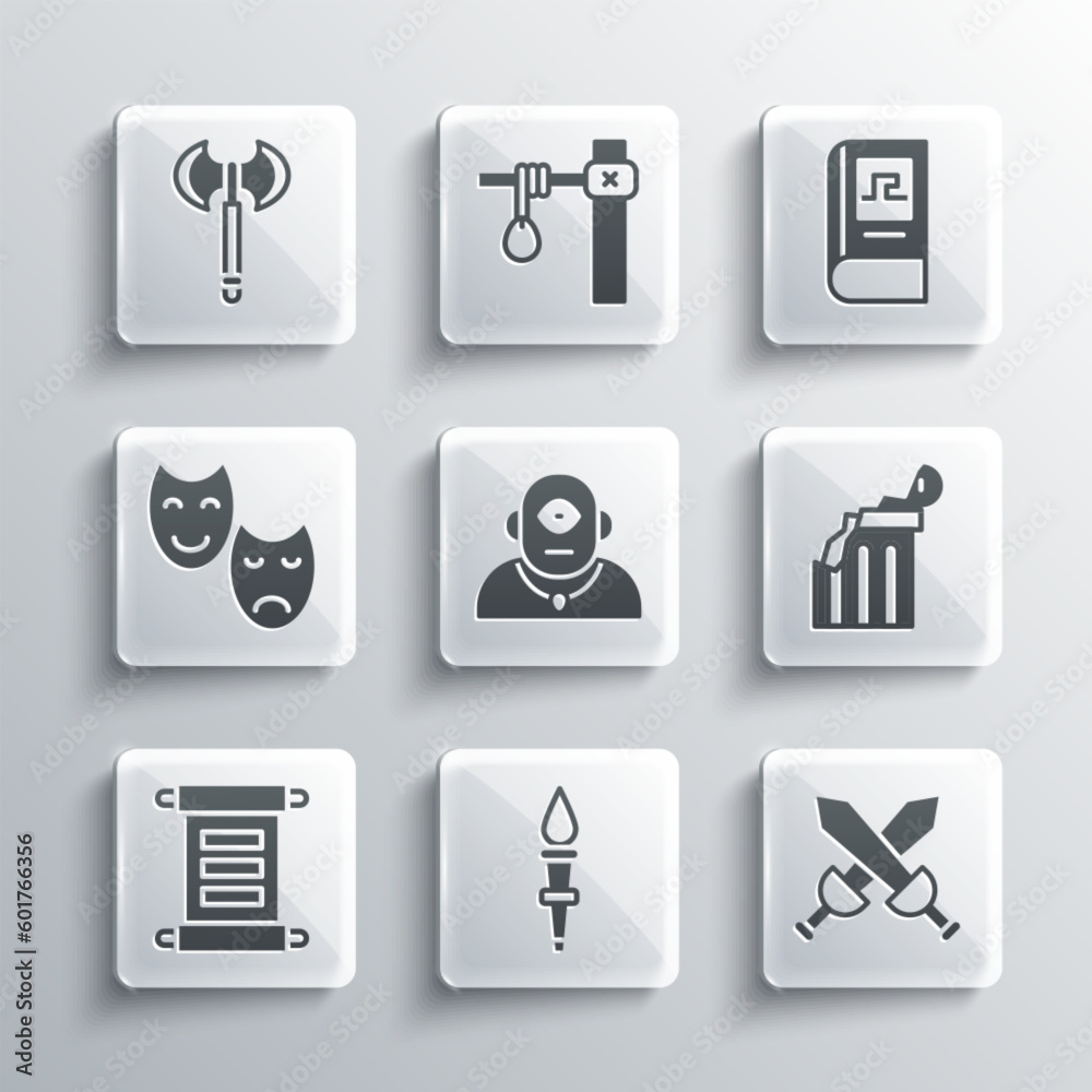 Set Torch flame, Crossed medieval sword, Broken ancient column, Cyclops, Decree, parchment, scroll, Comedy and tragedy masks, Medieval axe and Greek history book icon. Vector Set Torch flame, Crossed medieval sword, Broken ancient column, Cyclops, Decree, parchment, scroll, Comedy and tragedy masks, Medieval axe and Greek history book icon. Vector