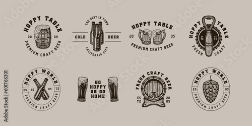 Set of vintage retro beer brewing emblem, logo, badge, label. mark, poster or print. Monochrome Graphic Art. Engraving style vecctor