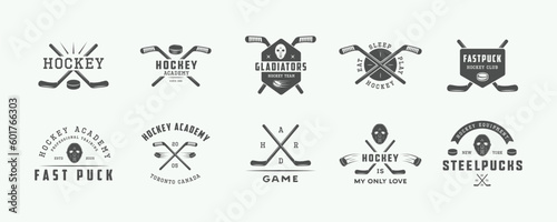 Set of vintage retro winter sport hockey emblem, logo, badge, label. mark, poster or print. Monochrome Graphic Art. Engraving