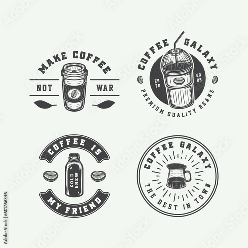 Set of vintage retro hipster coffee emblem, logo, badge, label. mark, poster or print. Monochrome Graphic Art. Engraving style vecctor
