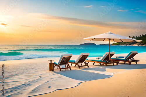 Summer tropical beach with sun loungers, table with cocktails, umbrella, mountains and islands. Seaside landscape, nature vacation, ocean or sea seashore. Generative AI