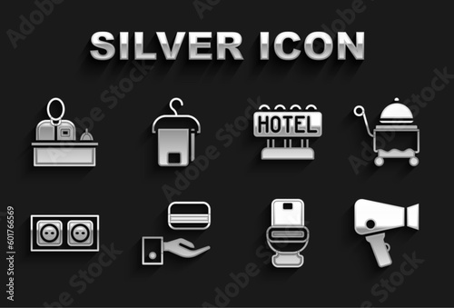 Set Digital door lock, Covered with tray, Hair dryer, Toilet bowl, Electrical outlet, Signboard text Hotel, reception desk and Towel hanger icon. Vector