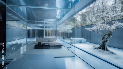 Modern transparent house, full of glass with blue style and thanks to this, it offers a wonderful view of the garden from anywhere. Generative AI Technology