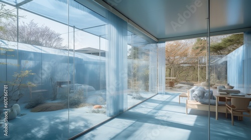 Modern transparent house  full of glass with blue style and thanks to this  it offers a wonderful view of the garden from anywhere. Generative AI Technology
