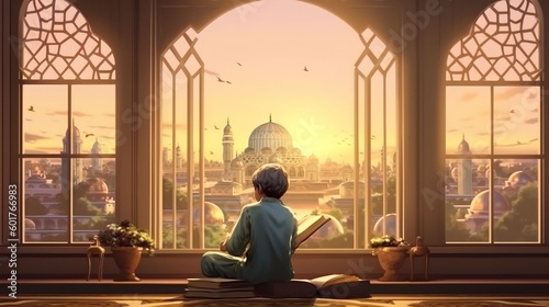 Muslim man sitting and holding Quran with view of mosque, eid ul adha mubarak day background illustration, Generative AI