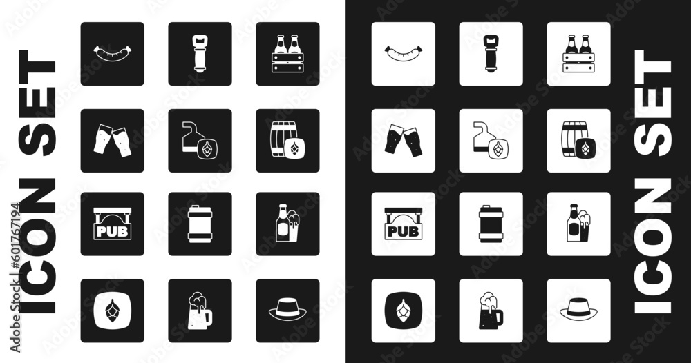 Set Pack of beer bottles, Beer brewing process, Glass, Sausage, Wooden barrel, Bottle opener, and glass and Street signboard with Pub icon. Vector Set Pack of beer bottles, Beer brewing process, Glass, Sausage, Wooden barrel, Bottle opener, and glass and Street signboard with Pub icon. Vector