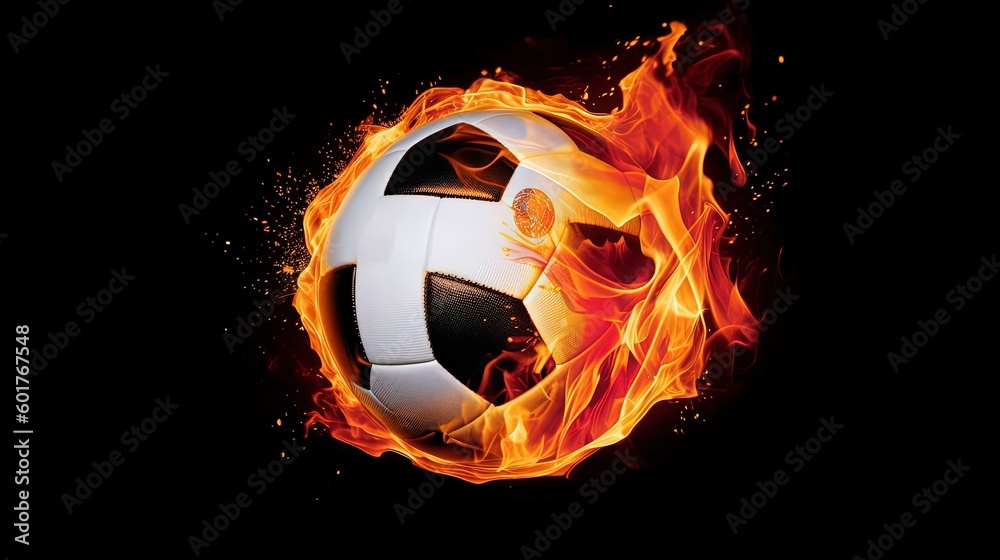 Naklejka premium sport banner, copy space Soccer ball in fire, hot football match illustration by ai generative