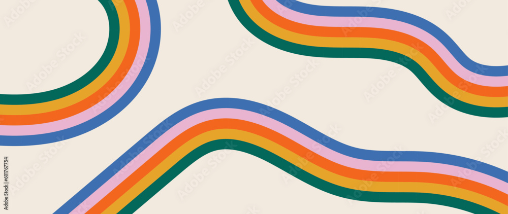Abstract vector hand drawn background with copy space and rainbow colored stripes. Trendy panoramic template for design banner, advertisements, presentations, discounts, sale, social media - obrazy, fototapety, plakaty 