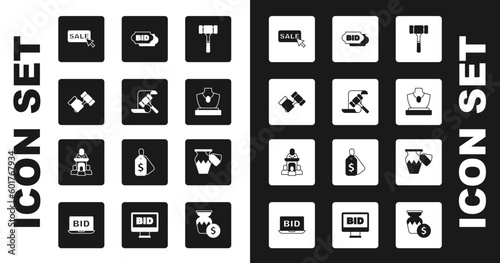 Set Auction hammer, Price tag with Sale, jewelry sale, Bid, ancient vase and auctioneer sells icon. Vector