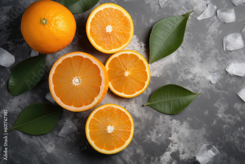 Flat lay top view of oranges with slices and leaves on stone background. Generative AI © Golden_hind