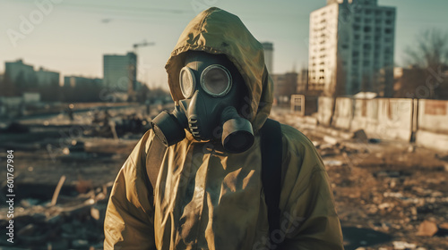 Person with a yellow anti radioactive chemical suit and a gas mask after a nuclear war with a devastated landscape. Generative ai photo