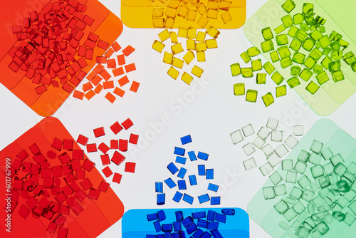 transparent colored plastic resins in with color sample plates in laboratory