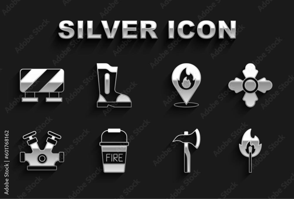 Set Fire bucket, Firefighter, Burning match with fire, axe, hydrant, Location flame, Road barrier and boots icon. Vector Set Fire bucket, Firefighter, Burning match with fire, axe, hydrant, Location flame, Road barrier and boots icon. Vector