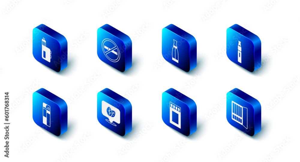 Set No smoking, Vape liquid bottle, Electronic cigarette, Cigarette case, Matchbox and matches, Tobacco leaf, Lighter and mod device icon. Vector Set No smoking, Vape liquid bottle, Electronic cigarette, Cigarette case, Matchbox and matches, Tobacco leaf, Lighter and mod device icon. Vector