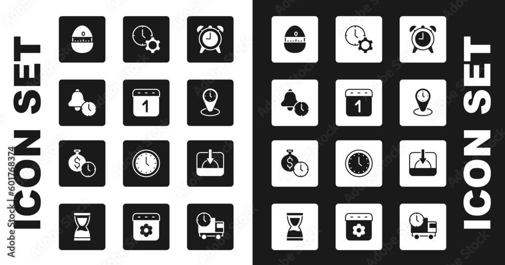 Set Alarm clock, Calendar, Kitchen timer, Time zone clocks, management, Sunset and is money icon. Vector