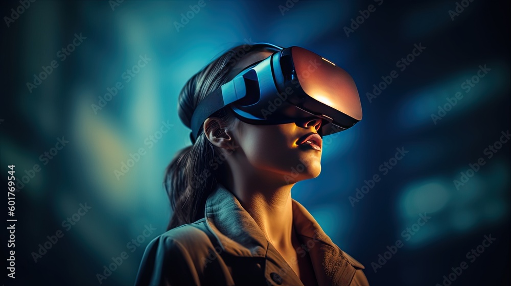 Woman with VR headset exploring the metaverse, Generative AI Technology Woman with VR headset exploring the metaverse, Generative AI Technology