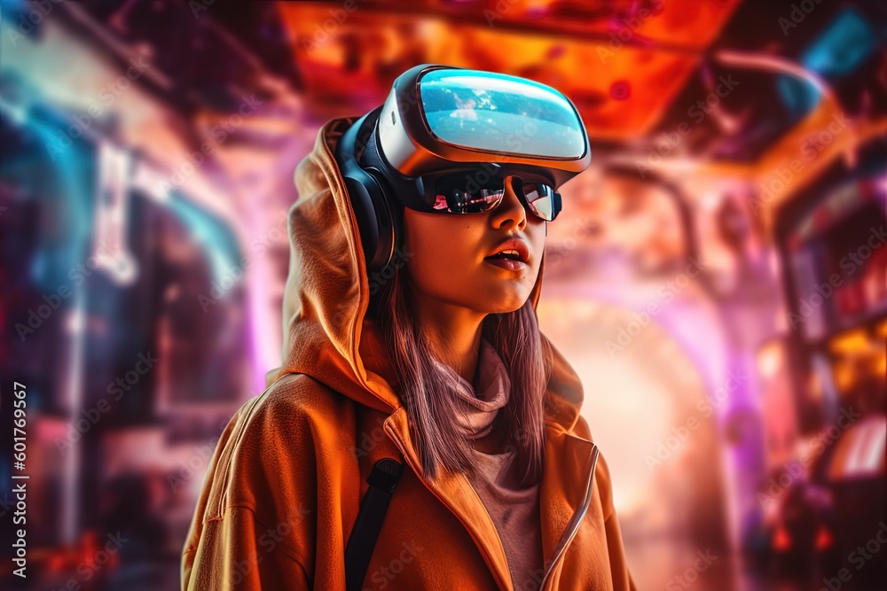 Woman with VR headset exploring the metaverse, Generative AI Technology