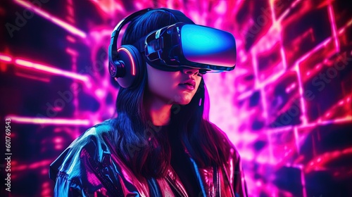 Woman with VR headset exploring the metaverse, Generative AI Technology © Sasint