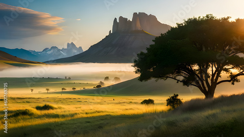 A landscape with mountains and a tree in the foreground Create With Generative AI Technology