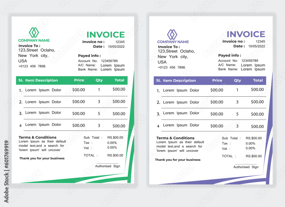 Business Minimal Corporate Invoice design template vector illustration bill form price . Creative template and stationery design payment agreement design template Cash Memo, Vector Quotation Design