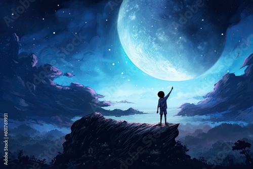 A scene of a child standing on a hilltop, stretching their arm towards the glowing moon in the night sky, concept art illustration . Generative AI